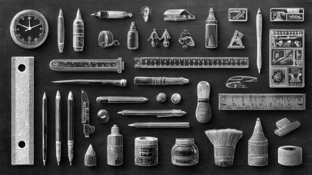This image showcases an artistic collection of various stationery tools and accessories arranged thoughtfully on a blackboard background, ideal for creative projects.の素材
