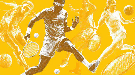 This vibrant illustration showcases dynamic tennis players in motion, bringing energy and excitement with a bold yellow background and artistic halftone effects.の素材