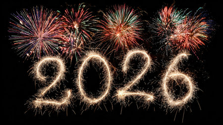 A stunning fireworks display illuminates the night sky, spelling out "2026" in sparkling light trails. Perfect for New Year celebrations, this image captures the joy and excitement of welcoming a new year with vibrant colors and dazzling explosions.の素材