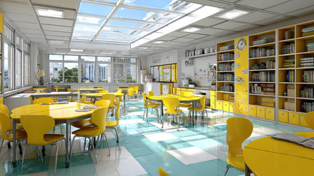 A vibrant classroom showcasing yellow furniture and ample natural light through large windows, creating an inviting space for learning and creativity.の素材