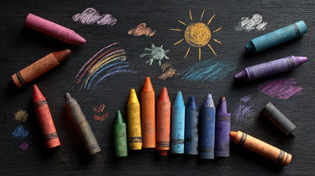 A vibrant and playful scene showcasing colorful crayons and chalk drawings on a blackboard. Perfect for depicting childhood creativity and art fun.の素材