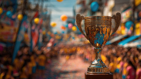 A stunning golden trophy stands prominently in sharp focus, set against a vibrant street festival scene with a blurred joyful crowd and colorful balloons.の素材