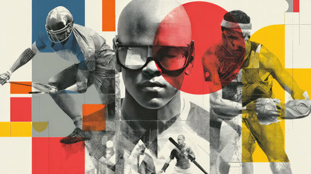 This dynamic artistic collage showcases various athletes in action, representing different sports and celebrating diversity through vibrant colors and abstract design elements.の素材