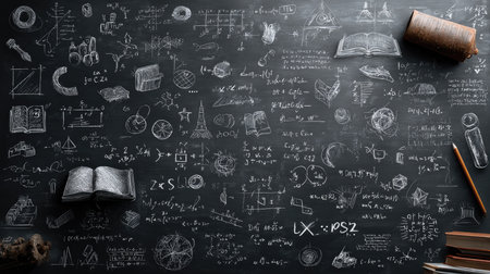 An artistic view of a chalkboard covered in diverse scientific illustrations and mathematical equations, creating an engaging educational space for exploration.の素材