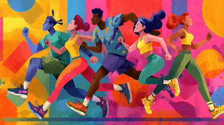 This dynamic illustration showcases a group of diverse athletes sprinting through a vibrant and colorful setting. The energetic design captures the essence of movement, competition, and teamwork, celebrating fitness and an active lifestyle.の素材