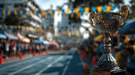 A glittering trophy stands prominently at the finish line of a vibrant spring sports event, surrounded by colorful flags and an enthusiastic crowd, capturing the essence of celebration and achievement.の素材
