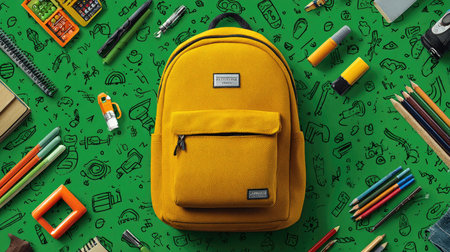 Bright yellow backpack placed on a vibrant green background with assorted school supplies. Ideal for back-to-school, educational themes, or student fashion.の素材