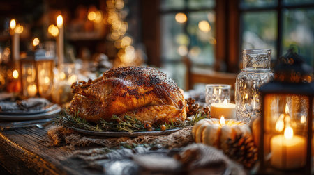 A beautifully arranged Thanksgiving dinner centerpiece featuring a golden roasted turkey surrounded by autumn decor, candles, and warm lighting.の素材