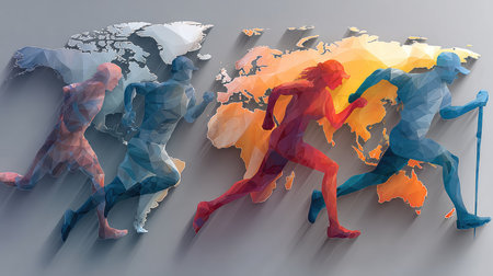 This abstract image features colorful running figures set against a stylized world map. It symbolizes global fitness, movement, and vitality in an artistic representation.の素材