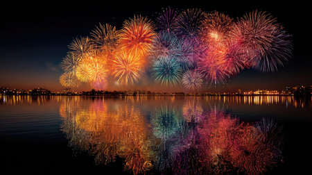 A breathtaking display of colorful fireworks illuminates the night sky above a serene body of water, creating a stunning reflection. Perfect for celebrations.の素材