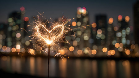 A glowing sparkler shaped like a heart illuminates the night sky, set against a backdrop of vibrant city lights, creating a romantic ambiance perfect for celebrations.の素材