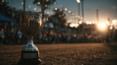 An exquisite trophy shines in the foreground on a grass field during sunset, with a blurred crowd celebrating in the background, capturing the essence of victory.の素材