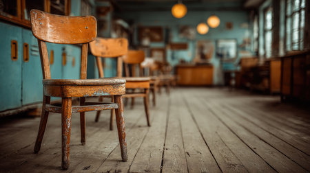 A serene image of vintage wooden chairs arranged in an old classroom, showcasing rustic charm and warm lighting, perfect for nostalgic decor projects.の素材