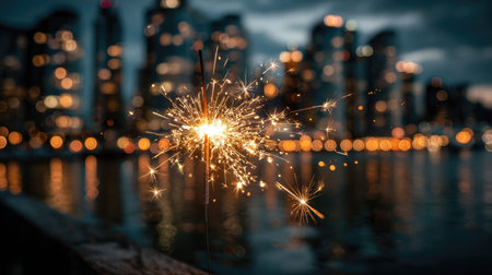 A dazzling sparkler illuminates the night over calm water, with shimmering city lights creating a dreamy bokeh effect. Celebrate lifeの素材