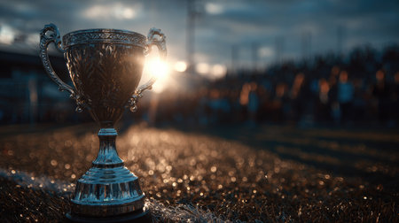 A glimmering trophy stands on a soccer field during sunset, with a blurred crowd in the background, symbolizing victory and achievement in sports.の素材