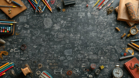 A vibrant workspace featuring a chalkboard surface filled with sketches, stationery, and a vintage clock, ideal for creativity and education themes.の素材