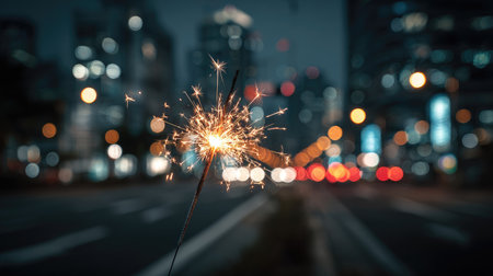 A dazzling sparkler shines brightly against a blurred cityscape at night. The vibrant lights create a magical atmosphere, perfect for celebrations and joy.の素材