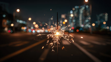 A beautifully lit sparkler stands out on an urban street at night, with vibrant blurred city lights in the background, creating a festive and joyful atmosphere.の素材