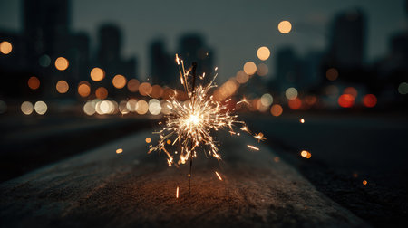 A striking sparkler illuminates the foreground against a blurred cityscape, creating a magical and festive atmosphere perfect for celebrations.の素材