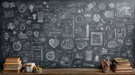 A dynamic blackboard filled with colorful chalk drawings and artistic illustrations, symbolizing educational concepts, creativity, and learning tools.の素材