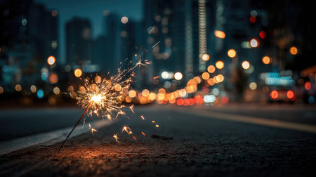 A sparkler ignites the pavement of a city street at night, surrounded by a mesmerizing blur of urban lights, capturing a moment of joy and celebration.の素材