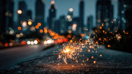 A glowing sparkler rests on a surface in the foreground, surrounded by a beautifully blurred urban backdrop. The evening light creates a magical atmosphere.の素材