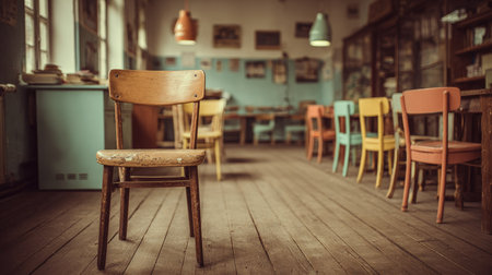 This image showcases a rustic classroom with a single weathered wooden chair in focus, surrounded by colorful vintage chairs in a warm, inviting atmosphere.の素材