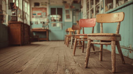 An inviting vintage classroom scene showcasing colorful wooden chairs set against a rustic backdrop, perfect for evoking nostalgia and creativity.の素材