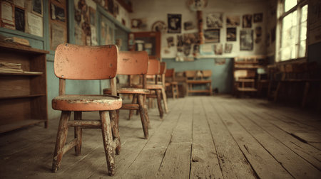 This image captures a nostalgic view of vintage wooden chairs arranged in an abandoned classroom. The room features faded posters, weathered floorboards, and a sense of quiet history. Perfect for projects needing a touch of rustic charm and atmosphere.の素材