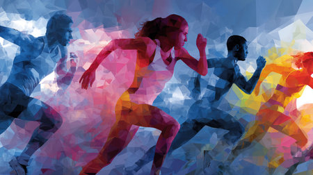 This vibrant abstract illustration captures athletes in dynamic motion, representing speed and agility through colorful geometric shapes and textures.の素材