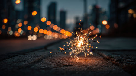 A dazzling sparkler ignites against a blurred city backdrop, creating a magical atmosphere at dusk. The vibrant bokeh lights enhance the celebratory feel.の素材