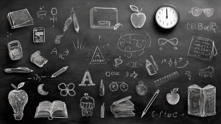 This engaging chalkboard background features a variety of educational sketches, including books, tools, and a clock, perfect for creative and academic projects.の素材