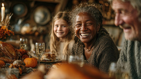 A delightful family gathering celebrates autumn with warm smiles, delicious food, and joyful laughter. The cozy atmosphere highlights connection and love.の素材