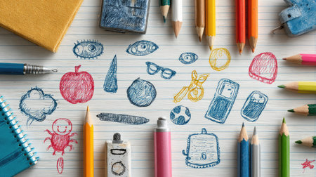 A vibrant arrangement of hand-drawn doodles on lined notebook paper showcases colorful pencils and various school supplies, perfect for creative projects.の素材