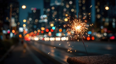 A vibrant sparkler illuminates the urban night, surrounded by blurred colorful lights. This image captures the essence of celebration and joy in a cityscape.の素材