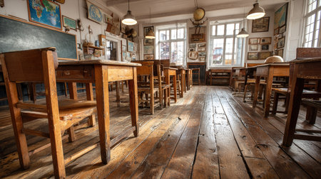 A bright and inviting vintage classroom filled with wooden desks and chairs, showcasing educational decor that evokes nostalgia and inspiration.の素材