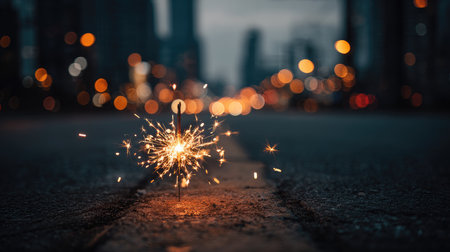 A vibrant sparkler stands out on a dark urban street, surrounded by blurred bokeh lights. This image captures the essence of celebration and joy in a nighttime city setting.の素材