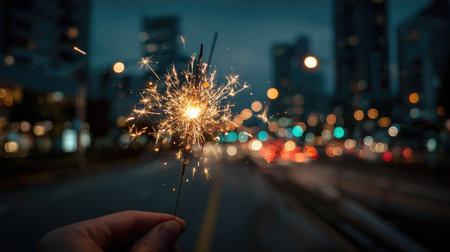 A dazzling sparkler held by a hand against a vibrant city backdrop at night. Sparkles illuminate the scene, creating a festive atmosphere filled with joy.の素材