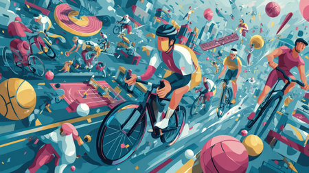 A vibrant illustration captures a dynamic urban sports scene featuring cyclists racing through a colorful cityscape filled with various sports elements.の素材