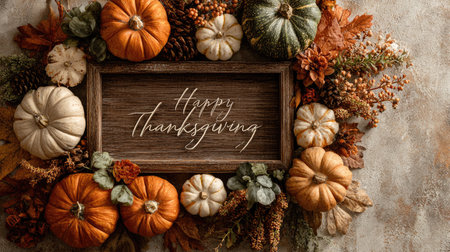 A stunning Thanksgiving wreath featuring a variety of colorful pumpkins, autumn leaves, and floral embellishments set against a rustic background.の素材