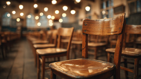A close-up view of a wooden chair in an empty classroom, highlighted by warm, softly glowing lights. The scene evokes a nostalgic and cozy atmosphere, ideal for educational themes.の素材