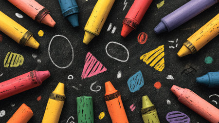 A beautiful arrangement of colorful crayons in a circle on a blackboard, surrounded by vivid chalk designs, evokes creativity and playful expression.の素材