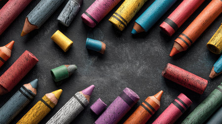 A vivid collection of crayons and pastels spread across a textured dark surface, perfect for inspiring creativity in art projects and educational activities.の素材