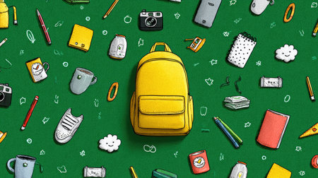 A lively illustration featuring a bright yellow backpack amid various school supplies, set against a vibrant green background, ideal for educational or creative projects.の素材