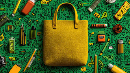 A vibrant yellow tote bag sits amid a collection of school supplies and creative illustrations on a bold green background, showcasing creativity and style.の素材