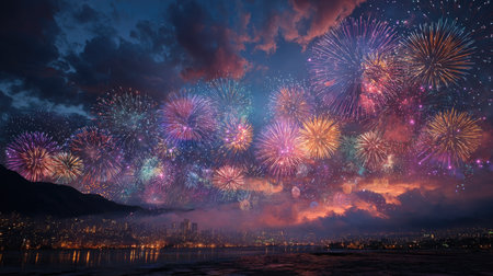 A breathtaking view of a vibrant fireworks display illuminating the night sky over a bustling city skyline, with colorful lights and dynamic clouds creating a festive atmosphere.の素材