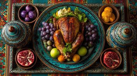 A beautifully arranged feast featuring a golden roast turkey at the center, surrounded by vibrant fruits and elegant traditional decor, perfect for festive celebrations.の素材
