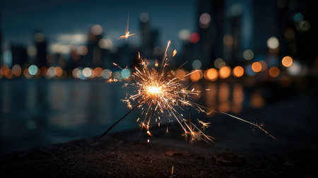 A vivid sparkler lights up the night, casting a warm glow that dances against the backdrop of city lights reflecting on the water. Perfect for celebrations.の素材