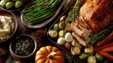 A beautifully arranged Thanksgiving feast showcasing roasted meat, vibrant seasonal vegetables, creamy mashed potatoes, and rustic garnishes. Perfect for celebrations.の素材