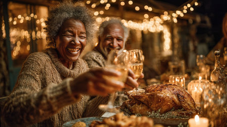 A joyful elderly couple shares a heartfelt toast during their Thanksgiving dinner, surrounded by festive decorations and a beautifully cooked turkey.の素材